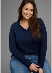 Strickpullover LAURA SCOTT CURVE, Damen, Gr. 56/58, marine m&eacute;lange, Feinstrick, Obermaterial: 50% Viskose, 28% Polyester, 22% Polyamid, unifarben, Basic, figurumspielend normal, V-Ausschnitt, Rippb&uuml;ndchen, Pullover Strickpullover, figurumspielend, mit V-Ausschnitt - GROSSE GR&Ouml;SSE