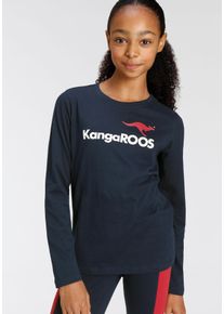 Langarmshirt Kangaroos "Basic Logo", M&auml;dchen, Gr. 140/146, blau (marine), Jersey, Obermaterial: 100% Baumwolle, bedruckt, Basic h&uuml;ftlang, Rundhals, abgesteppte Kante, Shirts Langarmshirt, Langarm, mit peppigem Druck, Rundhalsausschnitt, aus Baumwolle