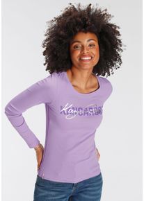 Langarmshirt Kangaroos, Damen, Gr. 48/50, lila, Rippware, Obermaterial: 100% Baumwolle, bedruckt, unifarben mit Farbeinsatz, sehr figurbetont h&uuml;ftbedeckend, Rundhals, krempelbar, Shirts Langarmshirt, krempelbare &Auml;rmel, figurbetonter Schnitt, Rundhalsausschnitt, Topseller