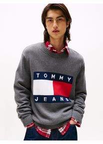 Strickpullover Tommy Jeans "TJM MELANGE FLAG SWEATER", Herren, Gr. M, schwarz (schwarz htr), Sweatware, Obermaterial: 100% Baumwolle, h&uuml;ftbedeckend, Rundhals, Rippb&uuml;ndchen, Pullover Strickpullover, Regular Fit, Rundhals Retro Flag Classic
