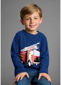 Langarmshirt Kidsworld "Feuerwehr Pailletten Shirt", Jungen, Gr. 128/134, blau, Single Jersey, Obermaterial: 100% Baumwolle, bedruckt, Basic h&uuml;ftlang, Rundhals, Shirts Langarmshirt, Feuerwehr Druck mit Pailletten