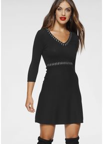 Strickkleid Melrose, Damen, Gr. 34, N-Gr, schwarz, Feinstrick, Obermaterial: 75% Viskose, 25% Polyamid, Glitzerstreifen, unifarben, tailliert mini, tiefer V-Ausschnitt, eng, Kleider Strickkleid, feminines Mini Kleid mit ausgestelltem Rock und V-Neck