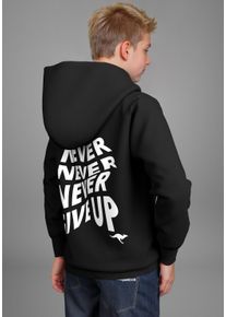 Kapuzensweatshirt Kangaroos "Spruch: NEVER GIVE UP", Jungen, Gr. 128/134, schwarz, Single Jersey, Obermaterial: 100% Baumwolle. Kapuzenfutter: 100% Baumwolle, bedruckt, Basic, Rippb&uuml;ndchen, Sweatshirts Kapuzensweatshirt, Sweatshirt mit gro&szlig;em R&uuml;ckendruck