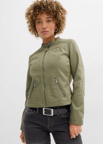 bonprix Jacke aus Baumwoll-Twill mit seitlichen Stretcheins&auml;tzen, gr&uuml;n, Gr.54, Vielseitig kombinierbare Biker-Jacke mit seitlichen Stretcheins&auml;tzen f&uuml;r mehr Bewegungsfreiheit, 98% Baumwolle