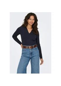 Polokragenpullover Only "ONLKAYA LS POLO PULLOVER EX KNT", Damen, Gr. XS, blau (night sky), Strick, Obermaterial: 70% Viskose, 30% Nylon, unifarben, regular fit normal, V-Ausschnitt, Pullover, Rippstrick