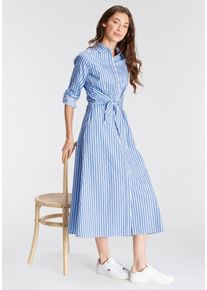 Blusenkleid DELMAO, Damen, Gr. 34, N-Gr, blau (blau, wei&szlig;), Web, Obermaterial: 60% Baumwolle, 38% Polyester, 2% Elasthan, bedruckt, geringelt, gestreift, figurumspielend lang, Kleider Blusenkleid, festliche Anl&auml;sse, lang, klassisch und seri&ouml;s, aus Baumwolle, Topseller