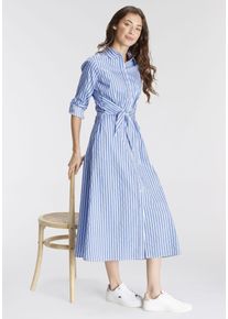 Blusenkleid DELMAO, Damen, Gr. 42, N-Gr, blau (blau, wei&szlig;), Web, Obermaterial: 60% Baumwolle, 38% Polyester, 2% Elasthan, bedruckt, geringelt, gestreift, figurumspielend lang, Kleider Blusenkleid, festliche Anl&auml;sse, lang, klassisch und seri&ouml;s, aus Baumwolle, Topseller