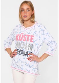 Longsleeve Zwillingsherz "K&uuml;ste Moin Heimat", Damen, Gr. L/XL, blau (hellblau), Web, Obermaterial: 50% Baumwolle, 50% Polyester, bequem normal, Rundhals, eingefasste Kante, Shirts Longsleeve, Zebra-Muster, 3/4-Arm, Pailletten, Schriftz&uuml;ge, Kontrastnaht