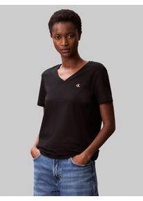 T-Shirt Calvin Klein Jeans "Archive Jersey Vnk Tee EU", Damen, Gr. L (42), schwarz, Single Jersey, Obermaterial: 100% Baumwolle, unifarben, regular fit normal, V-Ausschnitt, eingesetzt abgesteppte Kante, Shirts T-Shirt, Mit V-Ausschnitt