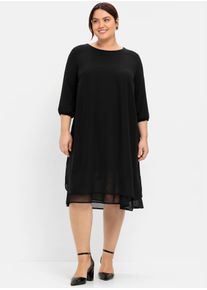 Chiffonkleid sheego "Chiffonkleid", Damen, Gr. 42, Normalgr&ouml;&szlig;en, schwarz, 100% Polyester, unifarben, knielang, Rundhals, Kleider Chiffonkleid