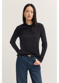 Polokragenpullover Bugatti "Kaschmir-Mix", Damen, Gr. XL, 290, schwarz, 40% Wolle, 30% Viskose, 20% Polyamid, 10% Kaschmir, unifarben, normal, Rippb&uuml;ndchen, Pullover Polokragenpullover, aus Rippstrick mit Knopfleiste