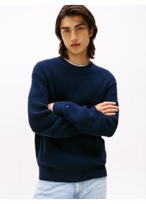 Strickpullover Tommy Jeans "TJM SCRIPT CHUNKY", Herren, Gr. L, blau (schwarz night navy), Grobstrick, Obermaterial: 100% Baumwolle, unifarben, h&uuml;ftbedeckend, Rundhals, Rippb&uuml;ndchen, Pullover Strickpullover, Regular Fit, Rundhals Waffelpique Strick