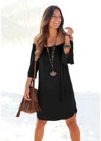 Blusenkleid Lascana, Damen, Gr. 34, N-Gr, schwarz, Web, Obermaterial: 100% Viskose, figurumspielend ca. Mitte Oberschenkel, Carmenausschnitt, mit Bindeband, Kleider Blusenkleid, mit Carmenausschnitt und 3/4-&Auml;rmeln, Sommerkleid, Strandkleid, Basic, Topseller