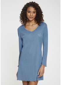 Nachthemd s.Oliver, Damen, Gr. 32/34, N-Gr, blau (blau meliert), Rippstrick, Obermaterial: 60% Baumwolle, 40% Polyester, meliert, bequem kurz, V-Ausschnitt, Trompeten&auml;rmel Babylock kontrastfarben, Kleider Nachthemd, mit Trompeten&auml;rmeln