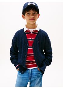 Strickpullover Tommy Hilfiger "COTTON CABLE GLOBAL STRIPE CARDI", Jungen, Gr. 4 (104), blau (schwarz night navy), Strick, Obermaterial: 100% Baumwolle, unifarben, regular fit normal, V-Ausschnitt, eingesetzt Strickb&uuml;ndchen, Pullover Strickpullover, Kinder bis 16 Jahre