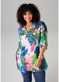 Longbluse ANISTON PLUS, Damen, Gr. 44, rosa (stein, marine, dunkelgr&uuml;n, lachs, fuchsia, smaragd, gelb, petrolgr&uuml;n, royalblau, apfelgr&uuml;n, orange, rosa, hellgrau, wei&szlig;), Web, Obermaterial: 60% Baumwolle, 40% Viskose, Leinenoptik, bedruckt, l&auml;ssig geschnitten ca. Mitte Oberschenkel, V-Ausschnitt, Krempel&auml;rmel, Blusen Longbluse, mit gro&szlig;fl&auml;chigen, tropischen Bl&auml;ttern bedruckt, Topseller