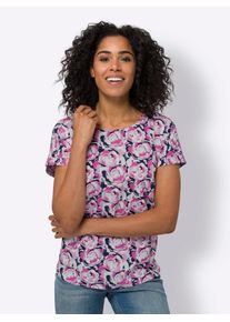 Schlupfbluse Classic Basics, Damen, Gr. 50, bunt (marine, fuchsia, bedruckt), 100% Polyester, gebl&uuml;mt, gemustert, mehrfarbig, Rundhals, Blusen Schlupfbluse