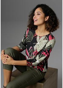 Schlupfbluse Aniston SELECTED, Damen, Gr. 40, bunt (schwarz, helloliv, hellgr&uuml;n, dunkelrot, beere, wei&szlig;), Chiffon, Obermaterial: 100% Polyester, bedruckt, leicht transparent, figurumspielend h&uuml;ftbedeckend, Rundhals, gesmokt, Blusen Schlupfbluse, mit Smok-Abschl&uuml;ssen, Topseller