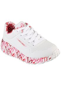 Sneaker Skechers "UNO LITE-LOVELY LUV", M&auml;dchen, Gr. 31, wei&szlig; (wei&szlig;, rot), Lederimitat, Textil, kontrastfarbene Details, Schuhe Sneaker, Schn&uuml;rschuh mit bedruckter Sohle, Gr&ouml;&szlig;enschablone zum Download