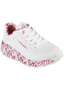 Sneaker Skechers "UNO LITE-LOVELY LUV", M&auml;dchen, Gr. 33, wei&szlig; (wei&szlig;, rot), Lederimitat, Textil, kontrastfarbene Details, Schuhe Sneaker, Schn&uuml;rschuh mit bedruckter Sohle, Gr&ouml;&szlig;enschablone zum Download