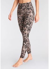 H.I.S. Leggings H.I.S, Damen, Gr. 36/38, N-Gr, braun (schwarz mit leodruck), Single Jersey, Obermaterial: 95% Baumwolle, 5% Elasthan, bedruckt, Basic, Basic kn&ouml;chellang, Hosen Leggings, mit Leoprint, Loungewear