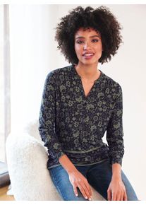 Langarmshirt Heine "Druck-Shirt", Damen, Gr. 44, bunt (khaki, marine, bedruckt), 95% Viskose, 5% Elasthan, bedruckt, gebl&uuml;mt, gemustert, Rundhals, Shirts Langarmshirt