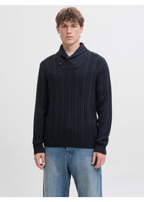 Jack & Jones Strickpullover JACK & JONES "JPRBLUSEAN KNIT CABLE SHAWL NECK", Herren, Gr. L, schwarz navy, Strick, Obermaterial: 57% Polyacryl, 43% Baumwolle, unifarben, regular fit normal, Rippb&uuml;ndchen, Pullover Strickpullover