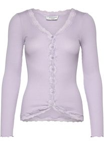 Strickjacke rosemunde "Babette Silk Cardigan", Damen, Gr. L, lila (lila heather), Feinripp, Obermaterial: 70% Seide, 30% Baumwolle, h&uuml;ftlang, V-Ausschnitt, gewellter Abschluss, Strickjacken Strickjacke, Vintage-Spitzenbesatz, Perlmuttknopfleiste, Langarm, Seidenmix