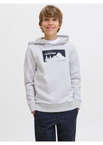 Jack & Jones Kapuzensweatshirt JACK & JONES JUNIOR "JJSUN SWEAT HOOD JNR", Jungen, Gr. 140, wei&szlig; (wei&szlig; melange), angeraute Sweatware, Obermaterial: 60% Baumwolle, 40% Polyester, bedruckt, regular fit normal, Rippb&uuml;ndchen, Sweatshirts Kapuzensweatshirt