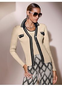 CR&Eacute;ATION L Strickpullover CREATION L "Pima-Baumwoll-Twinset", Damen, Gr. 42, beige (sand, schwarz), 100% Baumwolle, gemustert, unifarben, Pullover Strickpullover