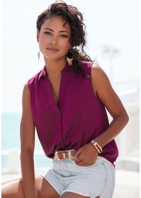Blusentop Lascana, Damen, Gr. 40, lila (aubergine), Web, Obermaterial: 58% Viskose, 28% Baumwolle, 14% Leinen, unifarben, figurumspielend h&uuml;ftlang, V-Ausschnitt, Blusen Blusentop, aus softer Webware mit Leinenanteil, Damenbluse mit Hemdblusenkragen, Topseller