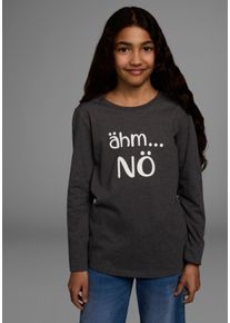 Langarmshirt Kidsworld "&auml;hm ...N&Ouml;", M&auml;dchen, Gr. 128/134, grau (anthrazit, meliert), Single Jersey, Obermaterial: 60% Baumwolle, 40% Polyester, bedruckt, tailliert h&uuml;ftlang, Rundhals, abgesteppte Kante, Shirts Langarmshirt, Langarm, taillierter Schnitt, mit Statements und Spr&uuml;chen