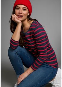 Langarmshirt AJC, Damen, Gr. 40/42 (M), bunt (marine, rot, gestreift), Single Jersey, Obermaterial: 100% Baumwolle, gestreift, figurbetont, Rundhals, abgesteppt, Shirts Langarmshirt, gestreift, Rundhalsausschnitt, aus Baumwolle, aus Single Jersey, Topseller