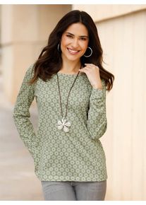 Langarmshirt Classic Basics "Langarm-Shirt", Damen, Gr. 42, gr&uuml;n (schilf, ecru, bedruckt), 100% Baumwolle, gemustert, mehrfarbig, Rundhals, Shirts Langarmshirt