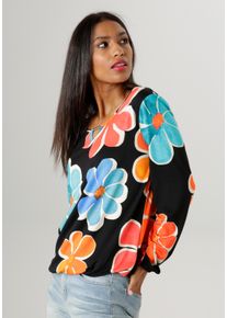 Langarmshirt Aniston SELECTED, Damen, Gr. 38, bunt (schwarz, t&uuml;rkis, orange, blau, rot, beige), Single Jersey, Obermaterial: 95% Viskose, 5% Elasthan, bedruckt, gebl&uuml;mt, figurumspielend h&uuml;ftbedeckend, Rundhals, mit Gummizug, Shirts Langarmshirt, mit Cut-out und farbenfrohem Bl&uuml;tendruck, Topseller
