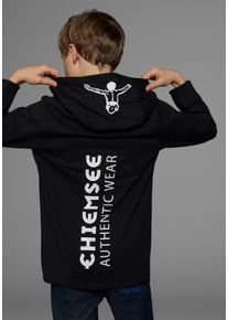 Kapuzenshirt Chiemsee "Langarmshirt mit Kapuzendruck", Jungen, Gr. 152/158, schwarz, Jersey, Obermaterial: 100% Baumwolle. Kapuzenfutter: 85% Baumwolle, 15% Viskose, bedruckt, Basic, Shirts Kapuzenshirt, Langarm, Basic-Passform, bedruckt, aus 100% Baumwolle, Topseller