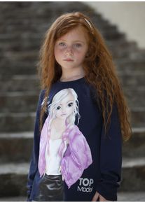 Top Model Langarmshirt TOPMODEL "Topmodel", M&auml;dchen, Gr. 140, blau (navy blazer), Single Jersey, Obermaterial: 100% Baumwolle, bedruckt, h&uuml;ftbedeckend, Rundhals, abgesteppte Kante, Shirts Langarmshirt, mit extra gro&szlig;em, coolem Frontmotiv