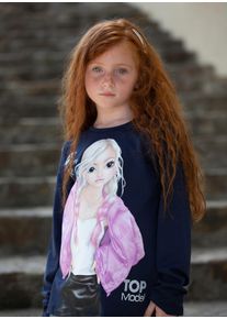 Top Model Langarmshirt TOPMODEL "Topmodel", M&auml;dchen, Gr. 152, blau (navy blazer), Single Jersey, Obermaterial: 100% Baumwolle, bedruckt, h&uuml;ftbedeckend, Rundhals, abgesteppte Kante, Shirts Langarmshirt, mit extra gro&szlig;em, coolem Frontmotiv