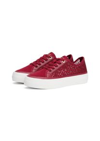 Plateausneaker Tommy Hilfiger "VULC EMBROIDERED SNEAKER", Damen, Gr. 35, rot, Lederimitat, Textil, Schuhe Plateausneaker, Freizeitschuh, Halbschuh, Schn&uuml;rer mit unterlegter TH-Logostickerei
