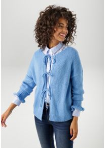 Strickjacke Aniston CASUAL, Damen, Gr. 34, blau, Grobstrick, Obermaterial: 100% Polyacryl, unifarben, oversize h&uuml;ftlang, Rundhals, gewellter Abschluss, Strickjacken Strickjacke, mit trendigen Bindeb&auml;ndern zu schlie&szlig;en