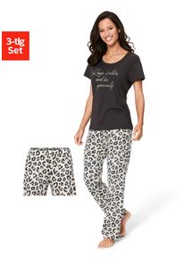 Pyjama Vivance Dreams, Damen, Gr. 44/46, grau (grau, gemustert), Single Jersey, Obermaterial: 50% Baumwolle, 50% Viskose, Basic schmal lang, Rundhals, eingesetzt, Homewear-Sets Pyjama, mit Leo-Print