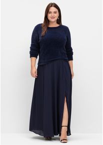 Rundhalspullover sheego "Pullover", Damen, Gr. 44/46, blau (marine), 74% Polyamid, 17% Viskose, 9% Polyester, unifarben, Pullover Rundhalspullover