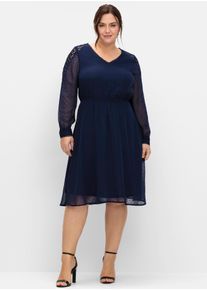Cocktailkleid sheego "Cocktailkleid", Damen, Gr. 44, Normalgr&ouml;&szlig;en, blau (marine), 100% Polyester, unifarben, knielang, V-Ausschnitt, Kleider Cocktailkleid