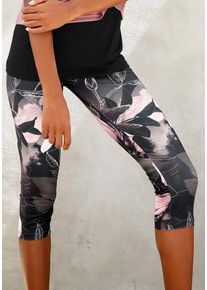 active by Lascana Caprileggings LASCANA ACTIVE "Tropical", Damen, Gr. L (44/46), N-Gr, bunt (khaki, gemustert, hellrosa), Single Jersey, Obermaterial: 94% Baumwolle, 6% Elasthan, gemustert, figurbetont kniebedeckend, Hosen Caprileggings, mit abstraktem Blumenprint, Loungewear, Topseller