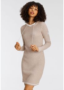 Strickkleid Kangaroos, Damen, Gr. 38, N-Gr, beige (beige, meliert), Feinstrick, Obermaterial: 50% Baumwolle, 50% Polyacryl, Zopfmuster, meliert, sehr figurbetont mini, Rippstrickb&uuml;ndchen, Kleider Strickkleid, mit Kapuze und Kordelzug, aus Feinstrick