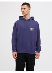 Jack & Jones Kapuzensweatshirt JACK & JONES "JORNORREBRO TYPO BACK SWEAT HOOD SN", Herren, Gr. XL, blau (ocean cavern), angeraute Sweatware, Obermaterial: 89% Baumwolle, 11% Polyester, bedruckt, relaxed fit normal, ohne Ausschnitt, Rippb&uuml;ndchen, Sweatshirts Kapuzensweatshirt, mit Print