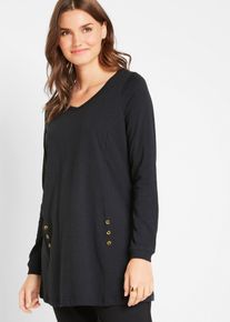 Longshirt bonprix, Damen, Gr. 56/58 (XXXL), schwarz, Obermaterial: 100% Baumwolle, A-Linie, Shirts Longshirt, A-Linie, mit dekorativen Kn&ouml;pfen, aus Baumwolle, Casual Stil