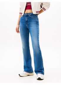 Bootcut-Jeans Tommy Jeans "SYLVIA HGH FLR", Damen, Gr. 32, L&auml;nge 32, blau (mid blau), Denim/Jeans, Obermaterial: 98% Baumwolle, 2% Elasthan, unifarben, ausgestellt kn&ouml;chellang, Jeans Bootcut-Jeans, Weite Beinform und Logo Stickerei auf der Ges&auml;&szlig;tasche