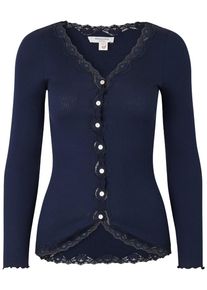 Strickjacke rosemunde "Babette Silk Cardigan", Damen, Gr. L, blau (navy), Feinripp, Obermaterial: 70% Seide, 30% Baumwolle, unifarben, h&uuml;ftlang, V-Ausschnitt, gewellter Abschluss, Strickjacken Strickjacke, Vintage-Spitzenbesatz, Perlmuttknopfleiste, Langarm, Seidenmix