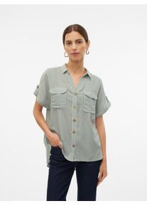 V&eacute;ro Moda Kurzarmbluse VERO MODA "VMBUMPY S/S SHIRT WVN GA NOOS", Damen, Gr. S, wei&szlig; (laurel wreath stripes:snow wei&szlig;), Web, Obermaterial: 100% Viskose, gestreift, regular fit normal, V-Ausschnitt, mit Aufschlag, Blusen Kurzarmbluse, Viskose, regular fit